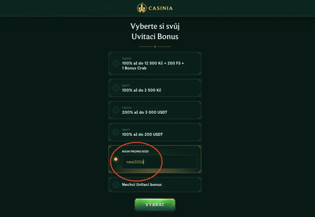 Casinia Casino registrace s promokódem new2026