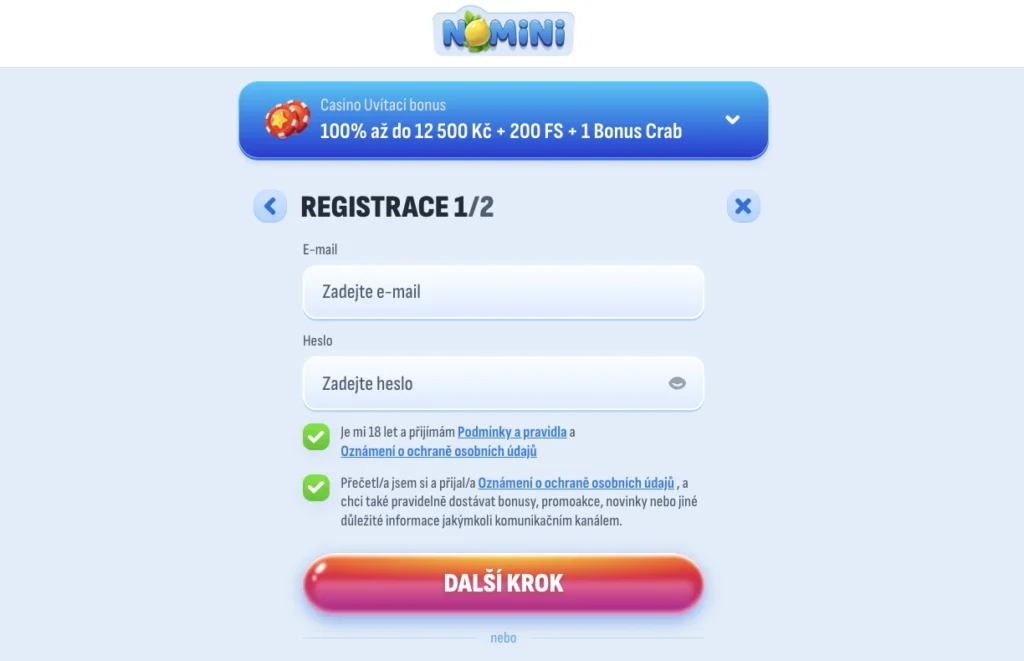 Registrace do Nomini Casino – rychlá, jednoduchá a v češtině