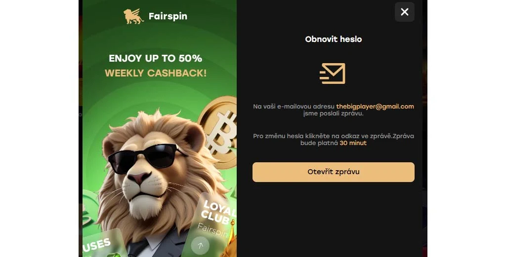 Fairspin casino - zapomenuté heslo