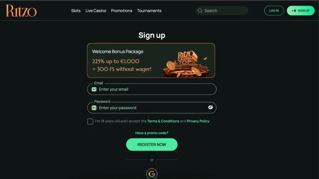 Registrace v Ritzo kasinu