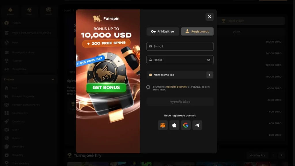 Registrační stránka pro Fairspin Casino