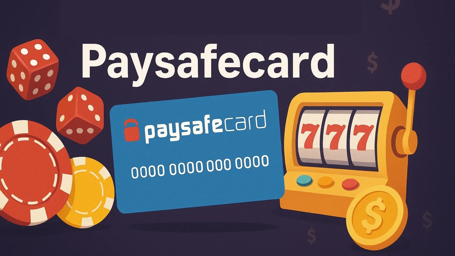 Ilustrace s textem, doplněná o modrou kartu Paysafecard, hrací kostky, žetony a výherní automat se symbolem 777 v kasinovém stylu.
