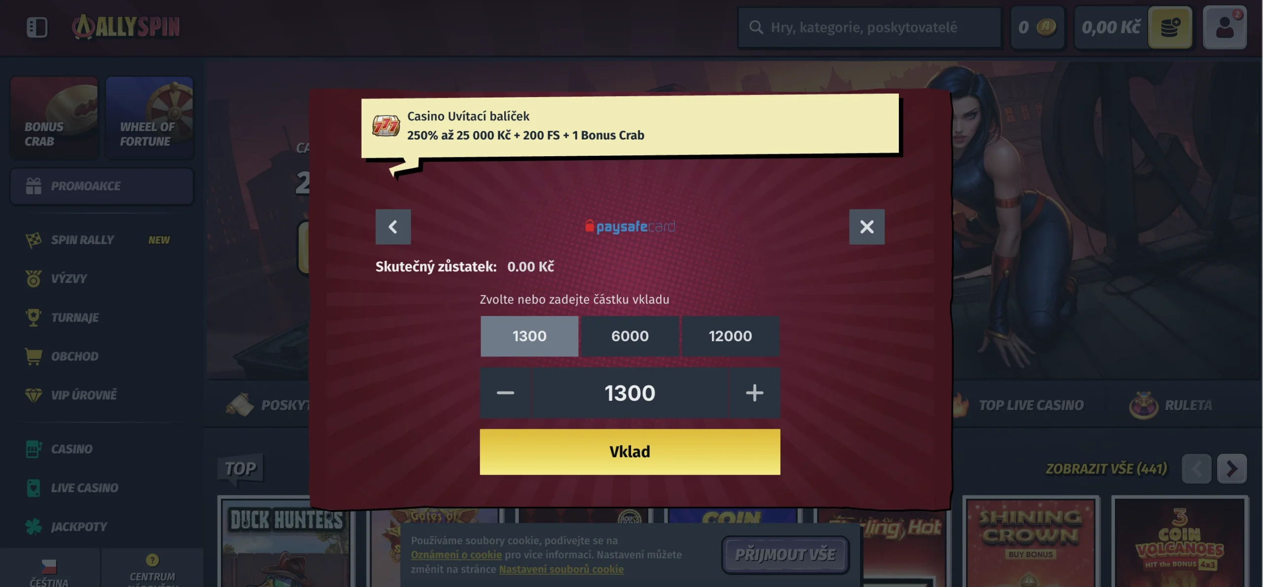 Paysafecard vklad v AllySpin