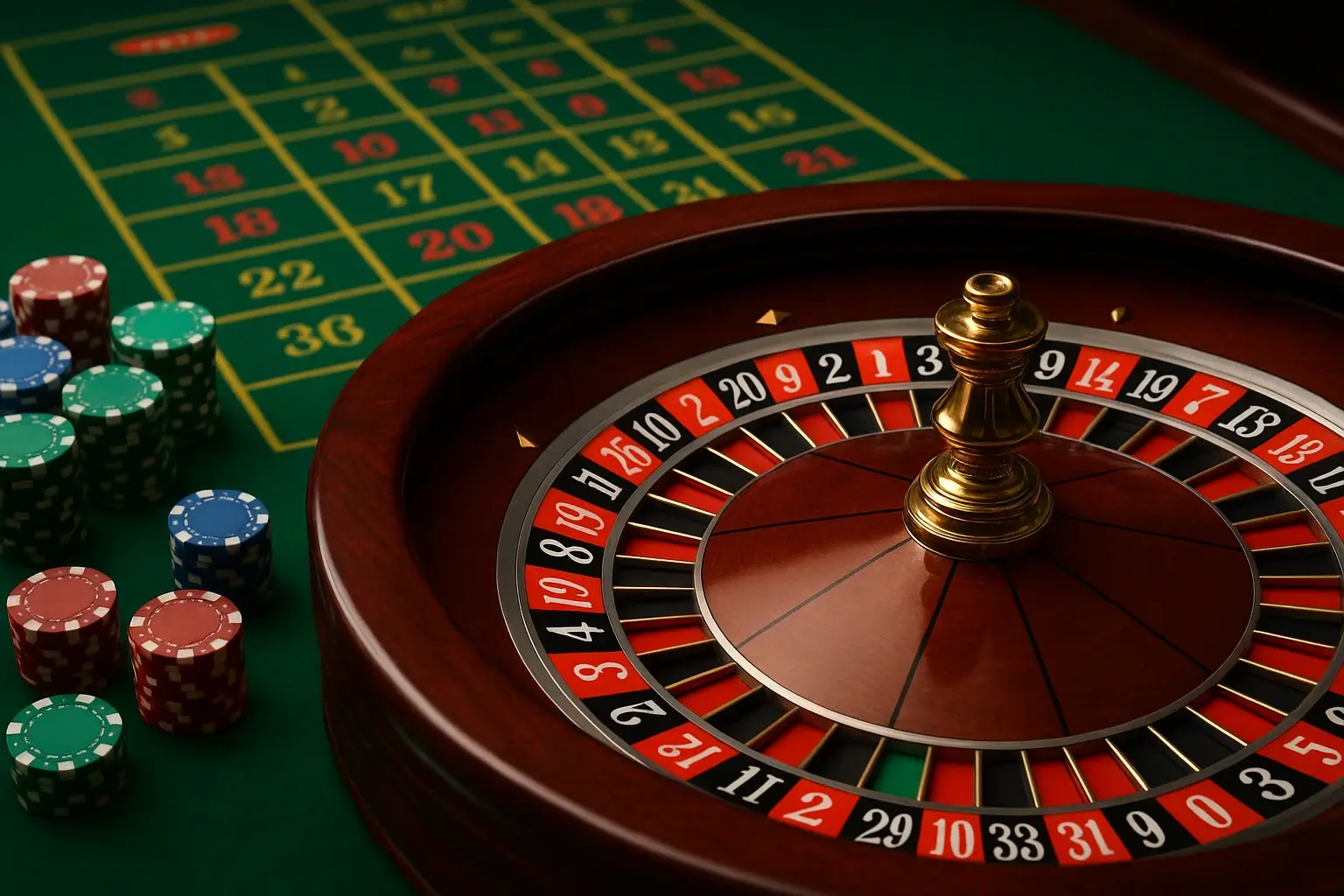Ruletové kolo s žetony na zeleném herním stole v kasinu.