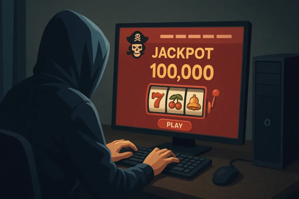 Obrázek zobrazuje piráta na pozadí online kasina.