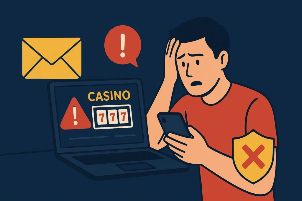 Ilustrace muže, který se znepokojeně dívá na mobilní telefon před obrazovkou notebooku s nápisem CASINO a varovnými symboly. Obrázek znázorňuje podvodné online kasino nebo ztrátu peněz při hraní.