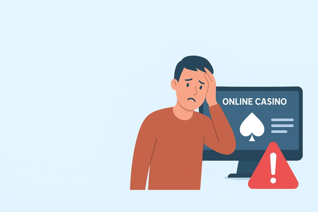 Ilustrace muže, který si znepokojeně drží hlavu před obrazovkou s online kasinem a varovným symbolem.