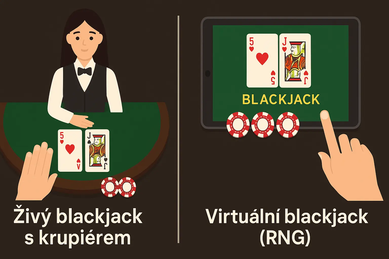 Živý blackjack s krupiérem vs. virtuální blackjack (RNG)