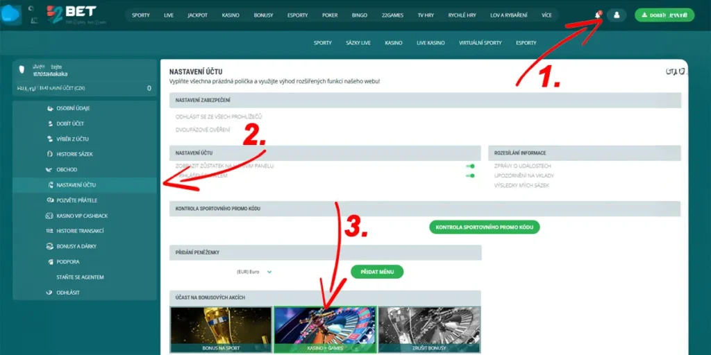 Aktivace bonusů na 22Bet