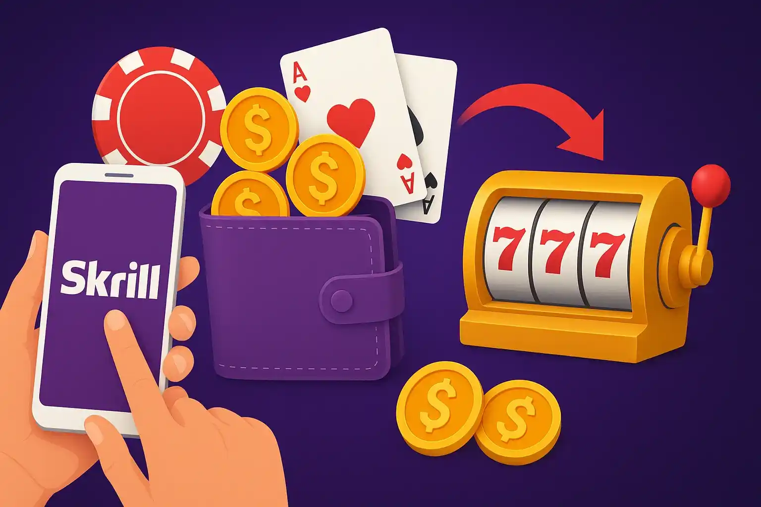 Ruka držící smartphone s logem Skrill, digitální peněženku s mincemi, hrací karty, pokerový žeton a výherní automat