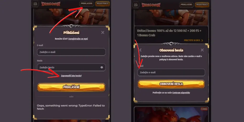 Reset hesla v kasinu