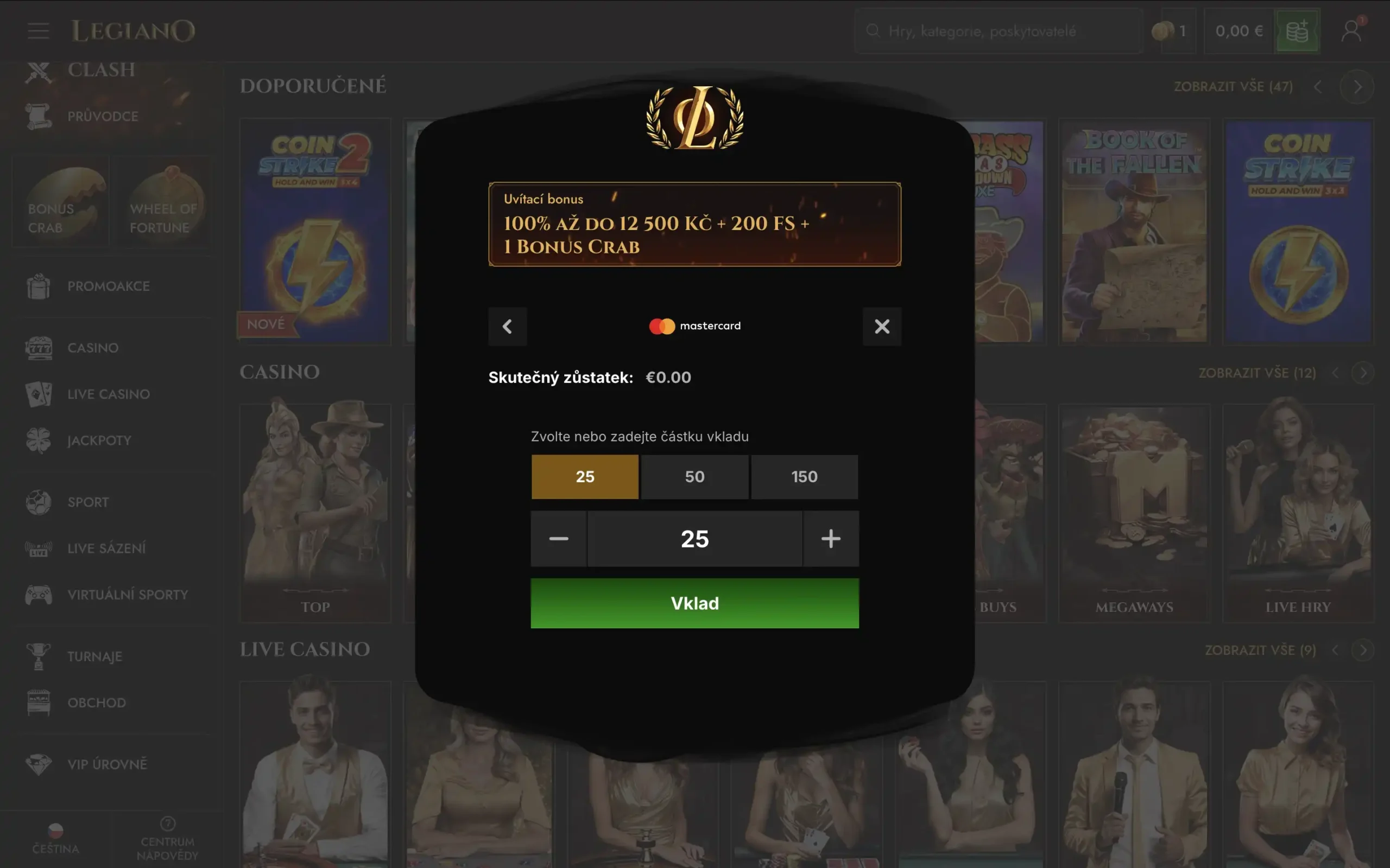 Legiano vklad přes Mastercard