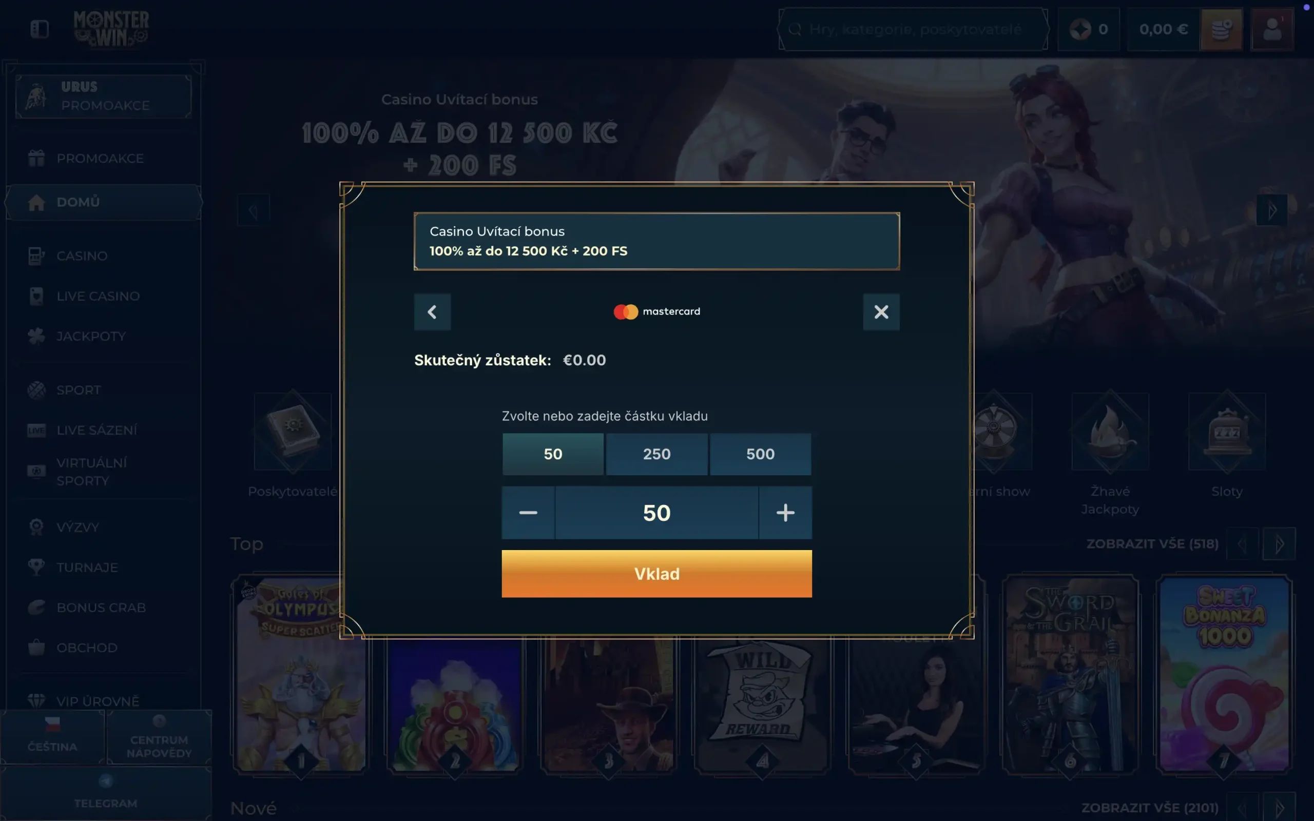 Monsterwin vklad přes Mastercard