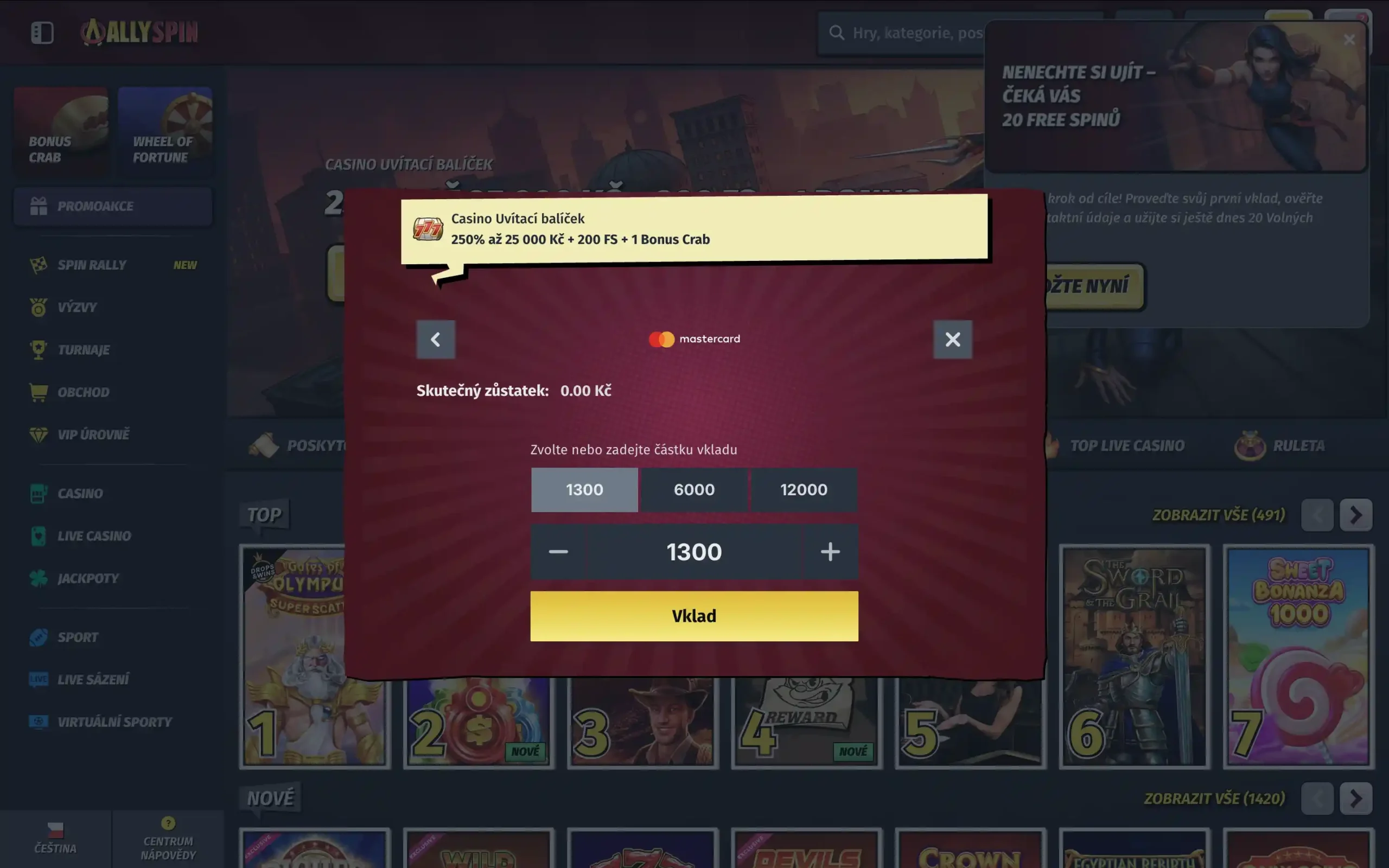 Allyspin vklad přes Mastercard