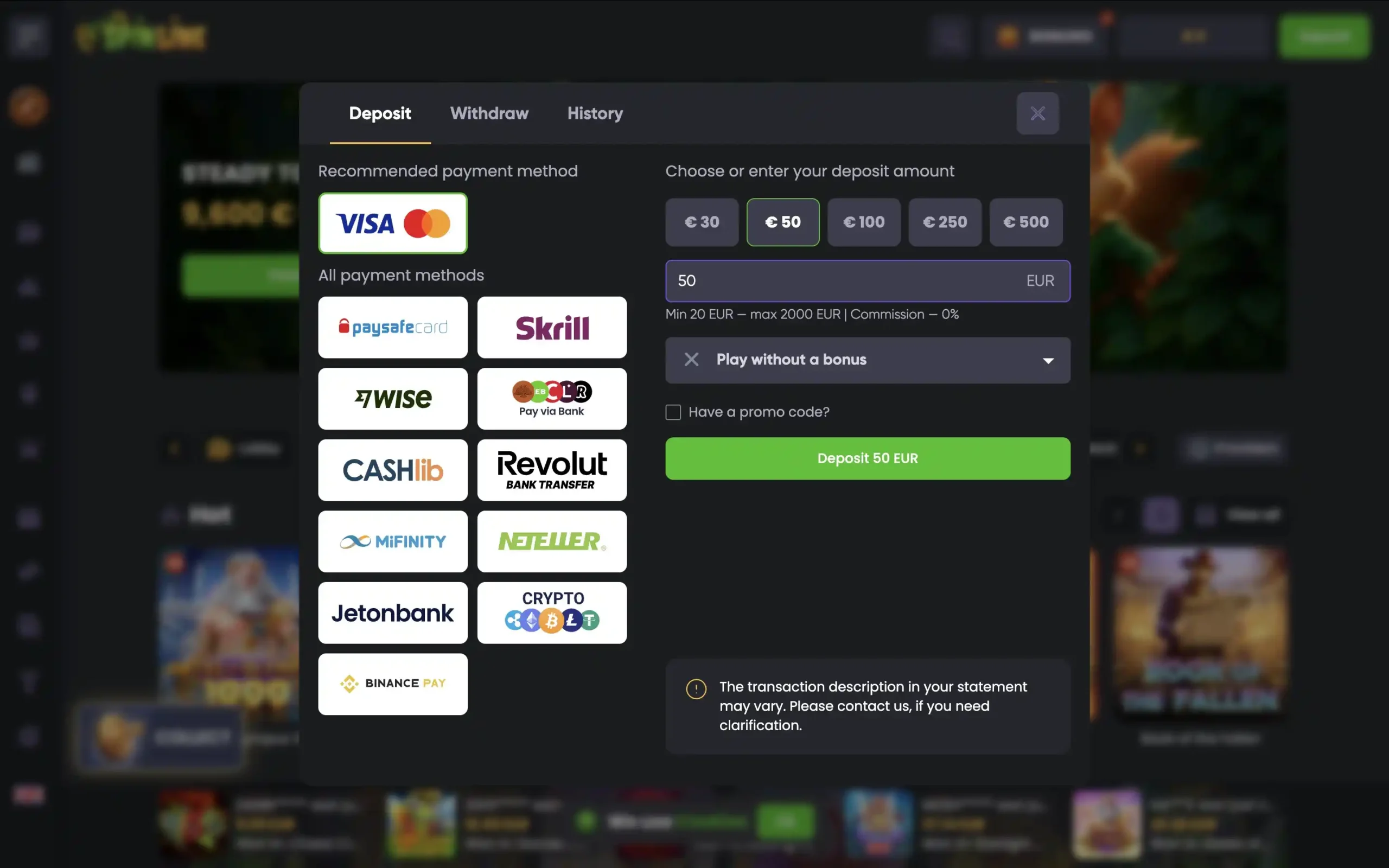 Spinline casino vklad přes Visa