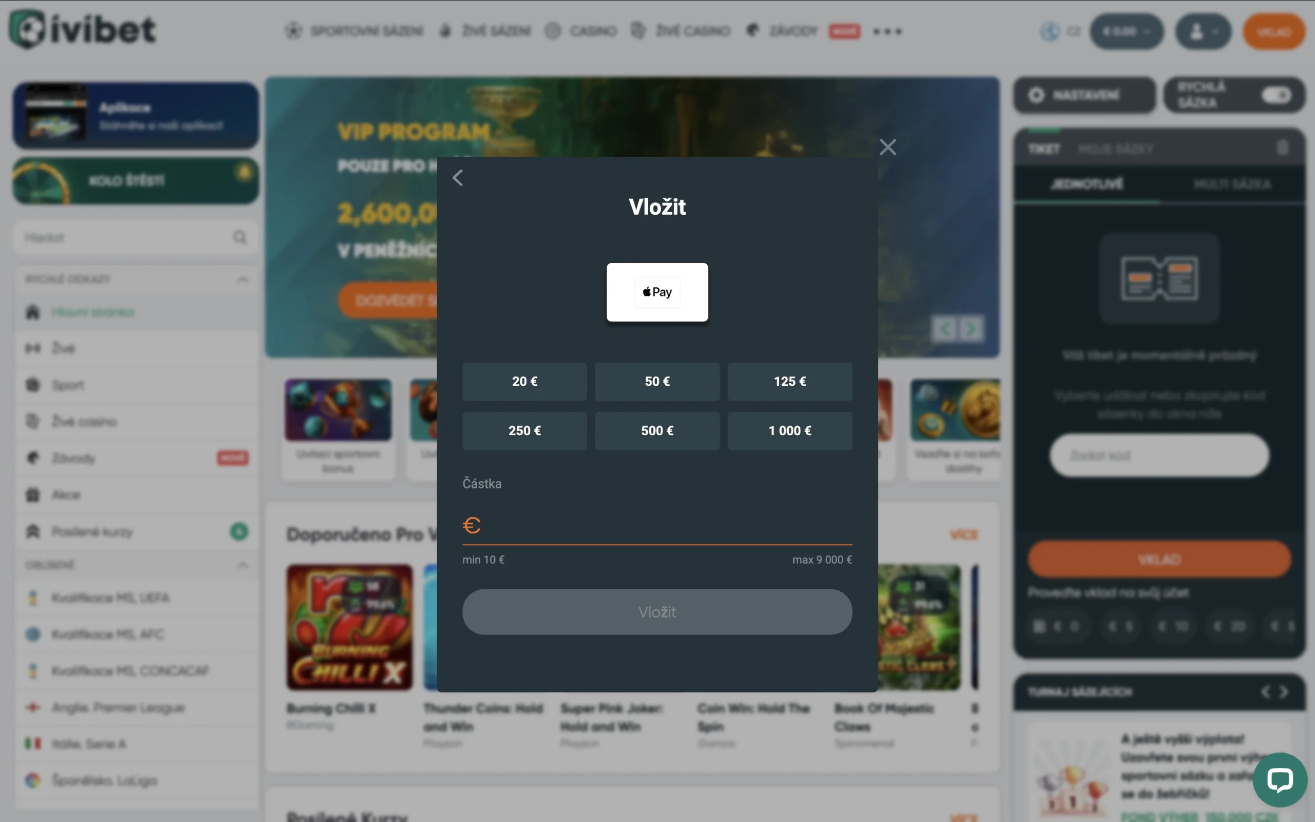 ivibet - vklad přes Apple Pay