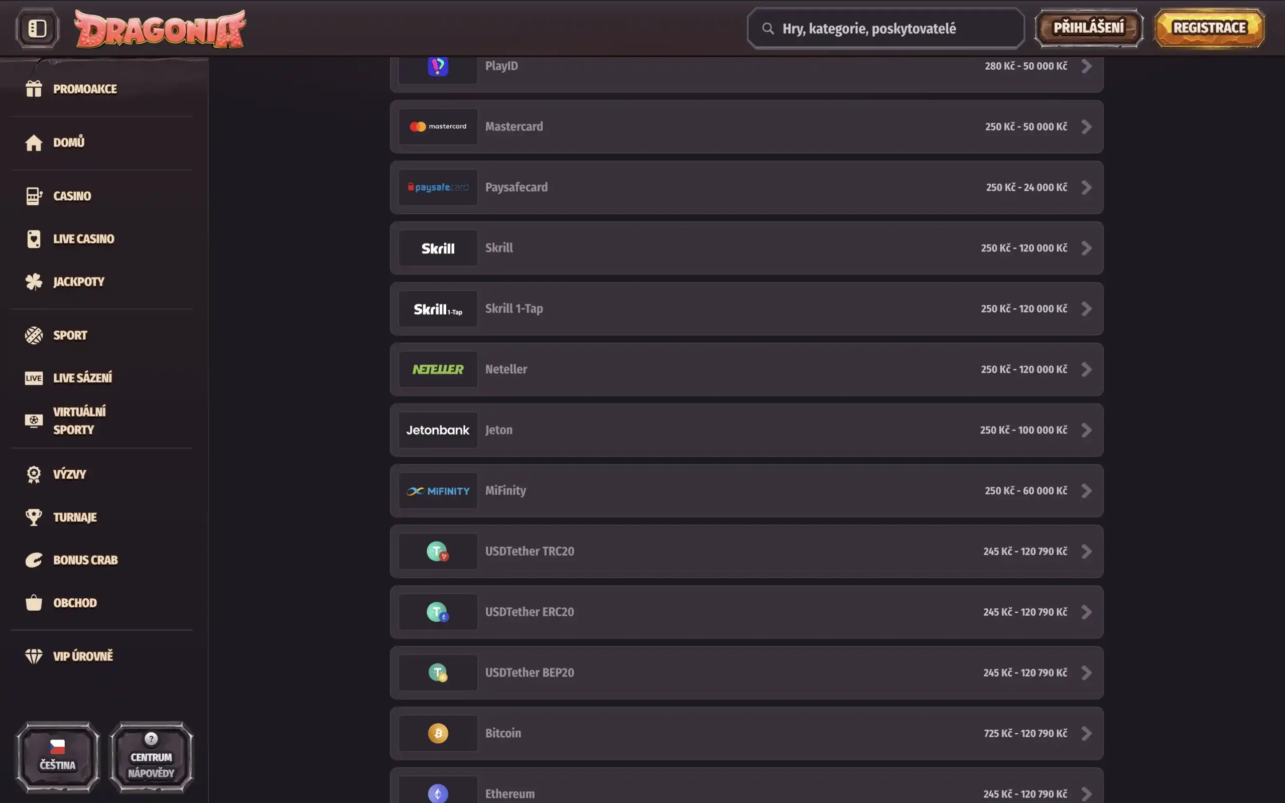 Vklad přes Jeton v Dragonia casino