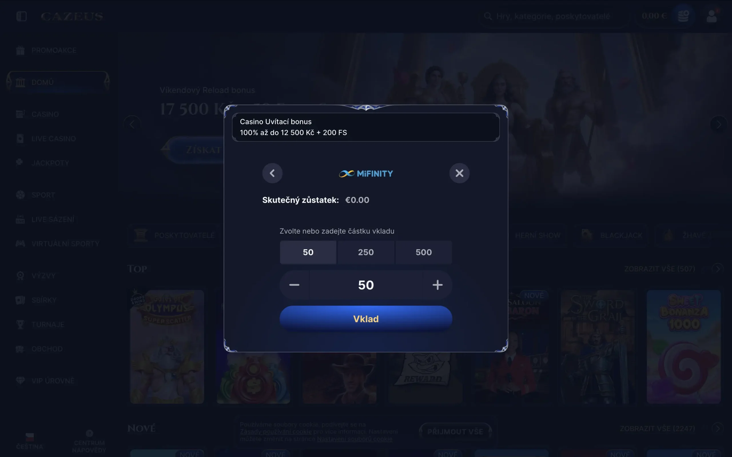 Vklad přes MiFinity v casinu Cazeus