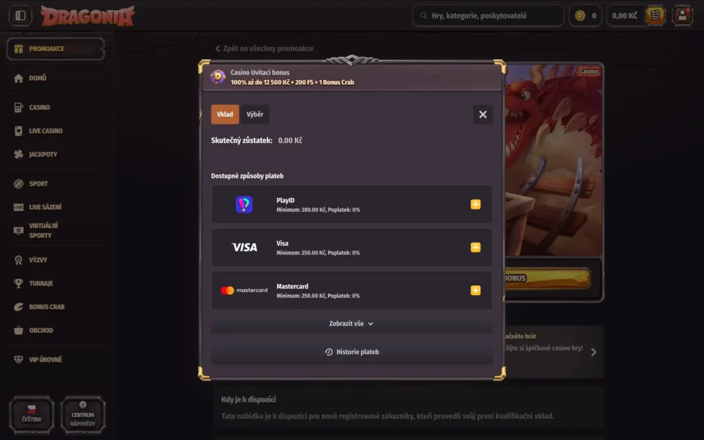 Vklad v Dragonia casinu