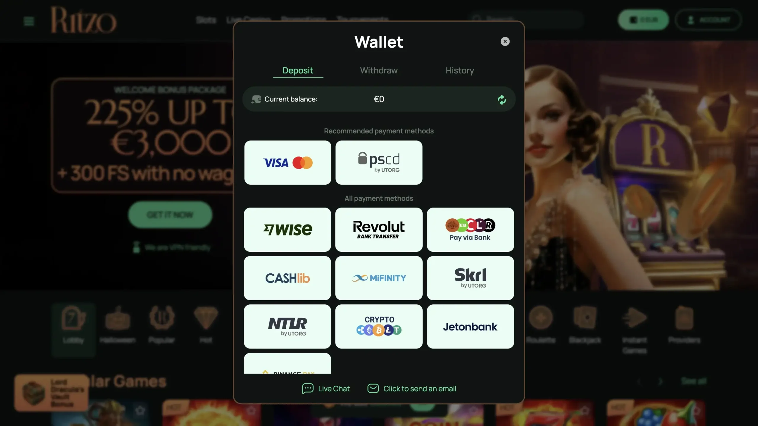 Výběr v kasinu Ritzo