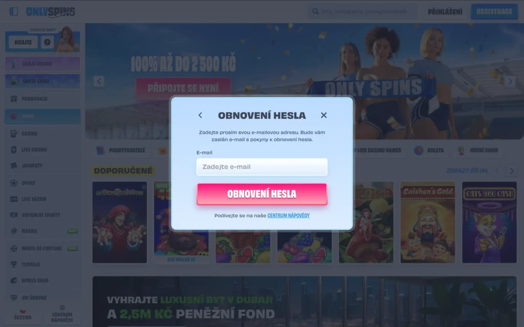 Obnovení hesla v kasinu OnlySpins