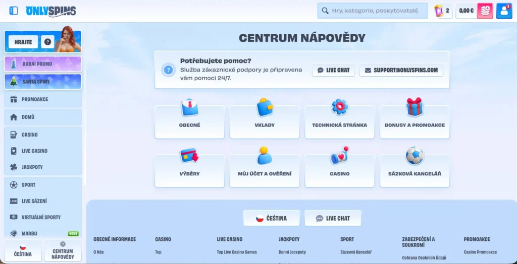 Centrum nápovědy v casinu OnlySpins