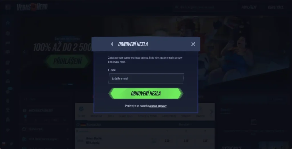 Obnovení hesla vo VegasHero kasinu