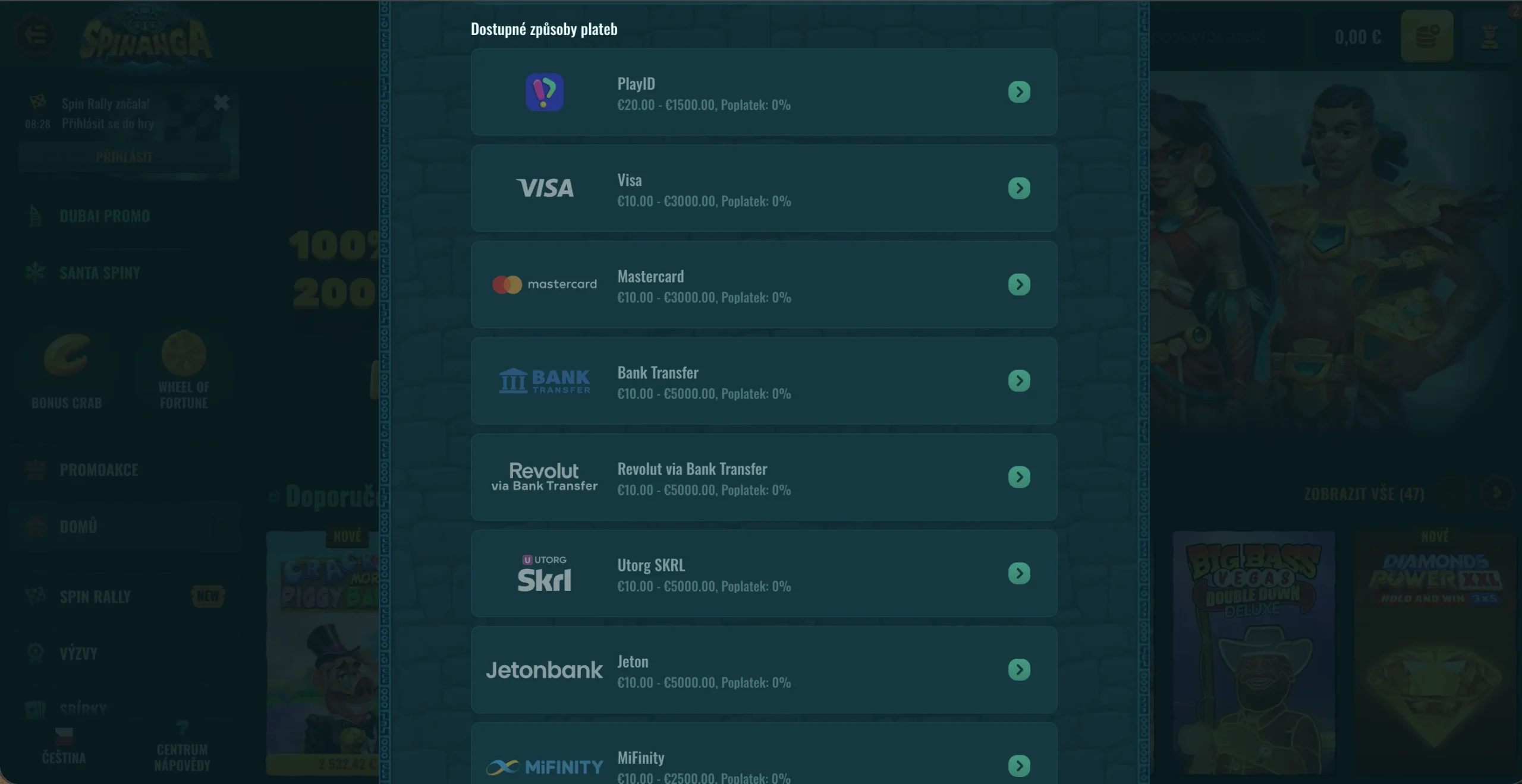Výběr v kasinu Spinanga