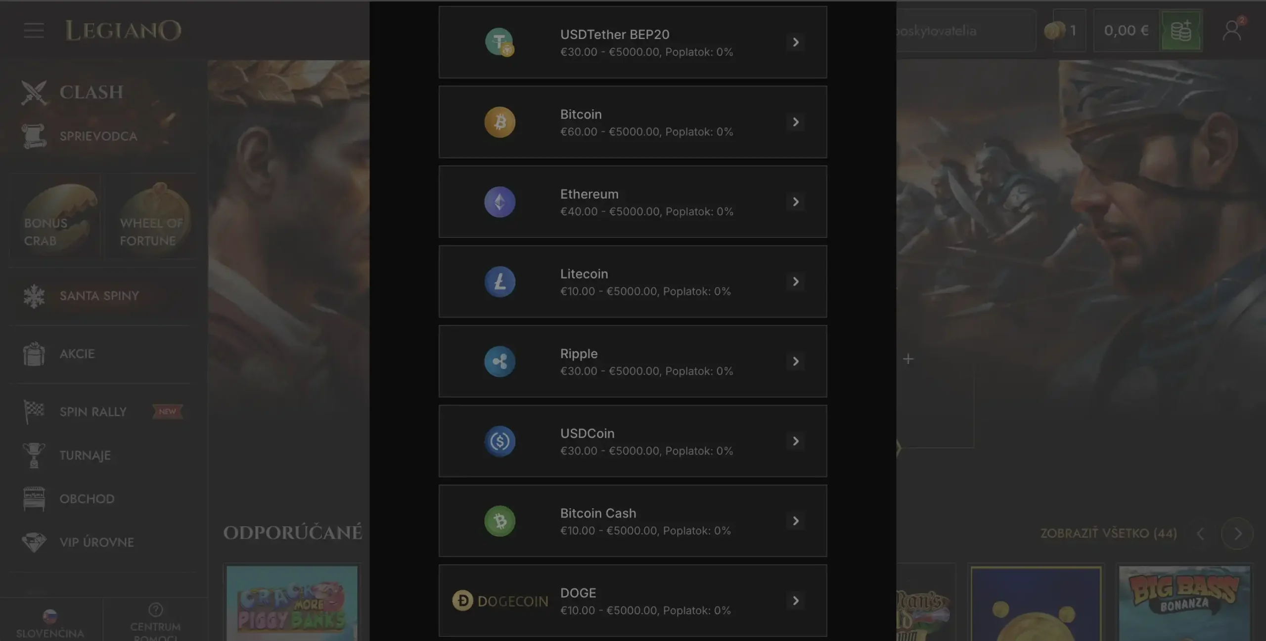 Výběr přes Bitcoin v Legiano kasinu
