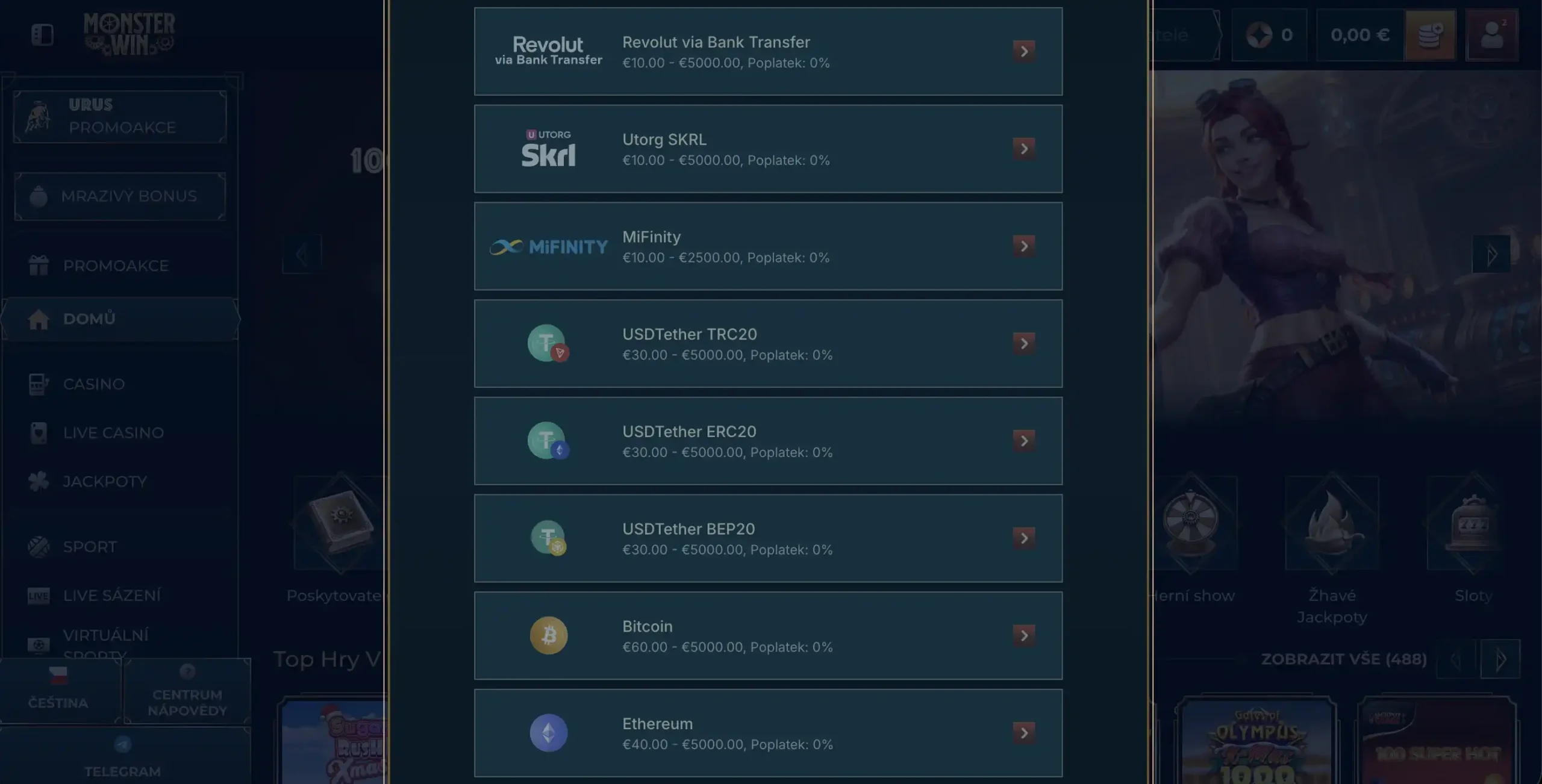 Vklad přes Bitcoin v Monsterwin kasinu