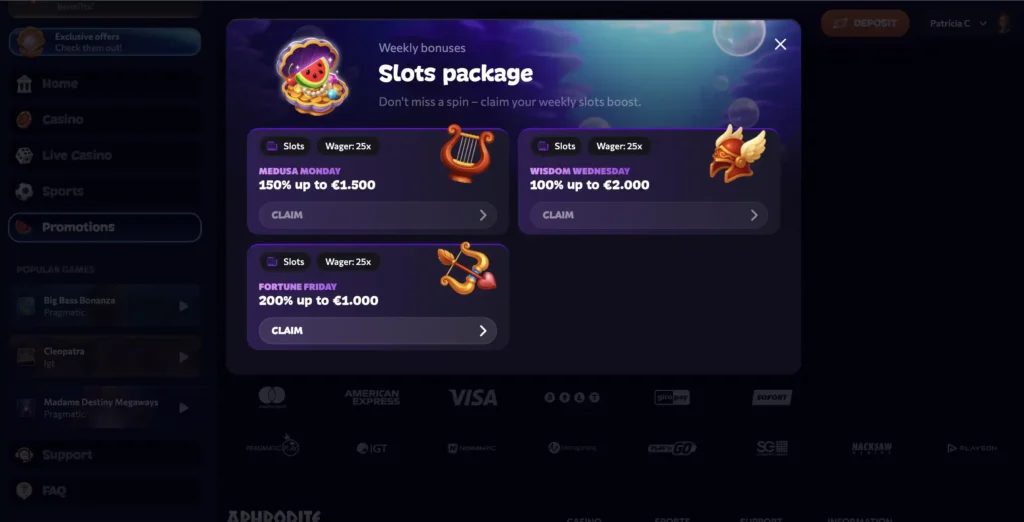 Týdenní bonusy a promo akce v Aphrodite Casinu