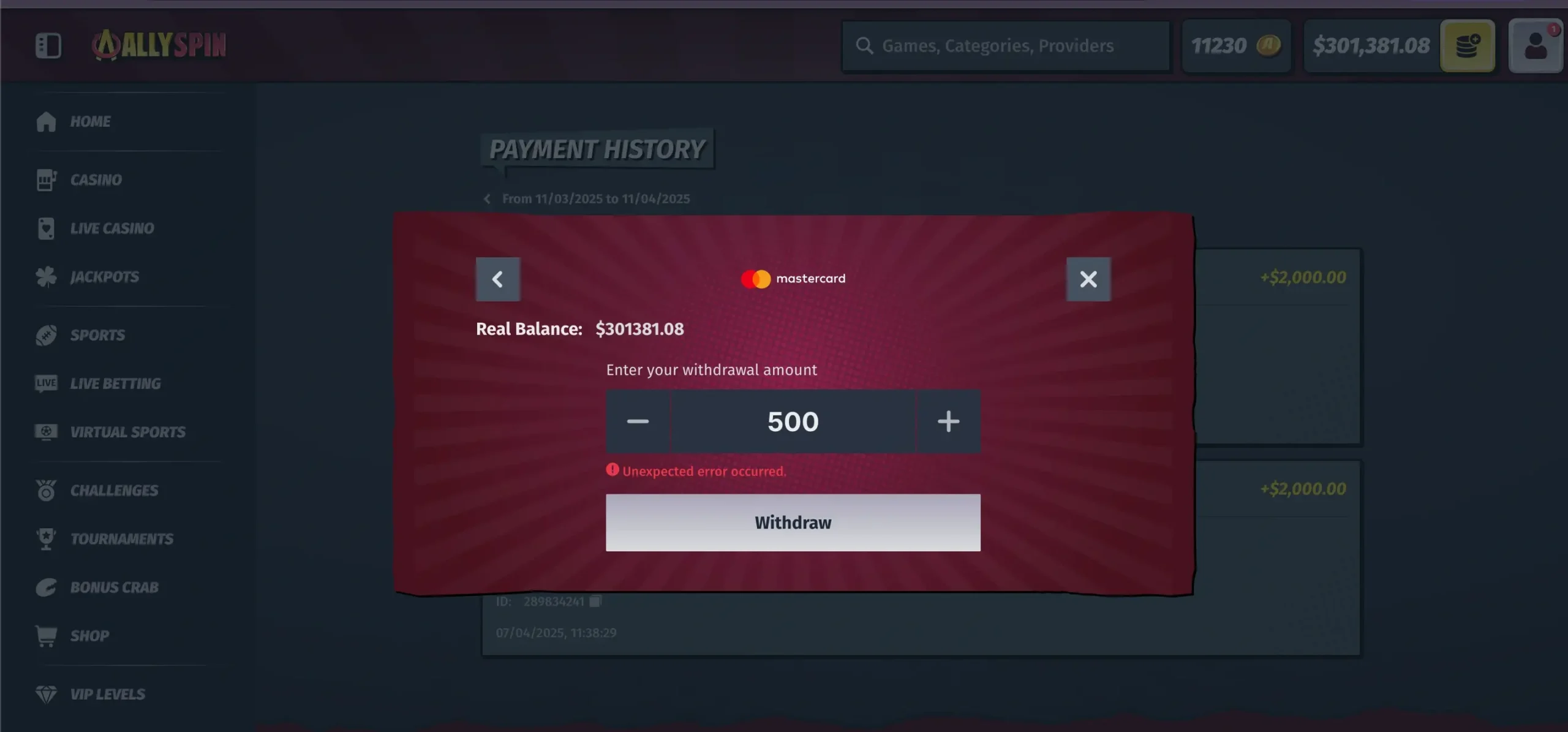 Výběr přes Mastercard v kasinu Allyspin