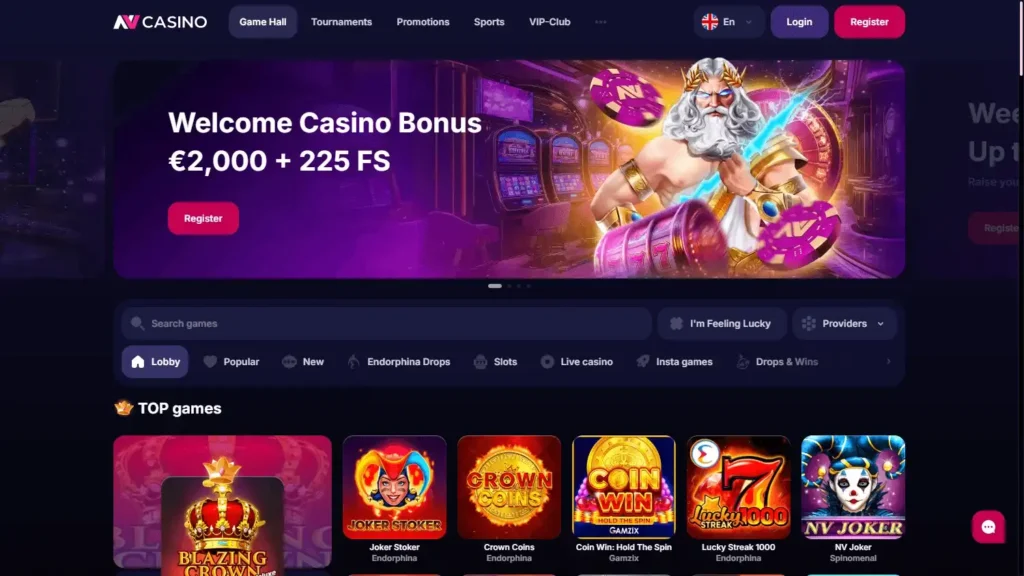 Vstupní bonus v kasinu NV - 2000€ + 225 FS