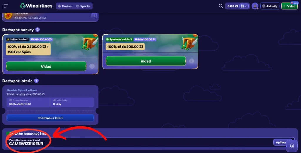 Winairlines sekce s bonusovým kódem - 10€ no deposit bonus