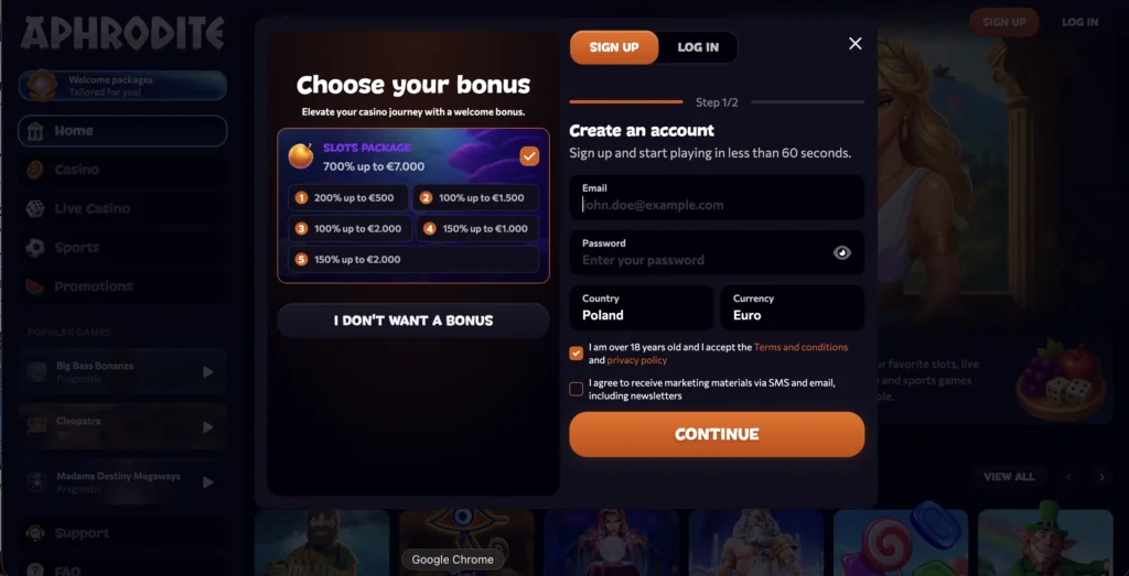 Registrace do Aphrodite Casina