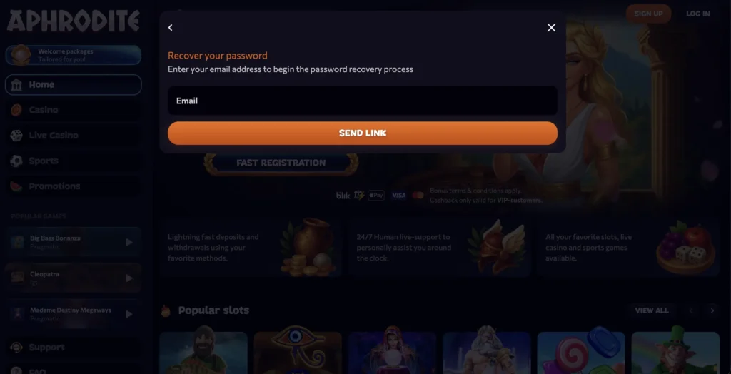Obnovení hesla v Aphrodite Casinu
