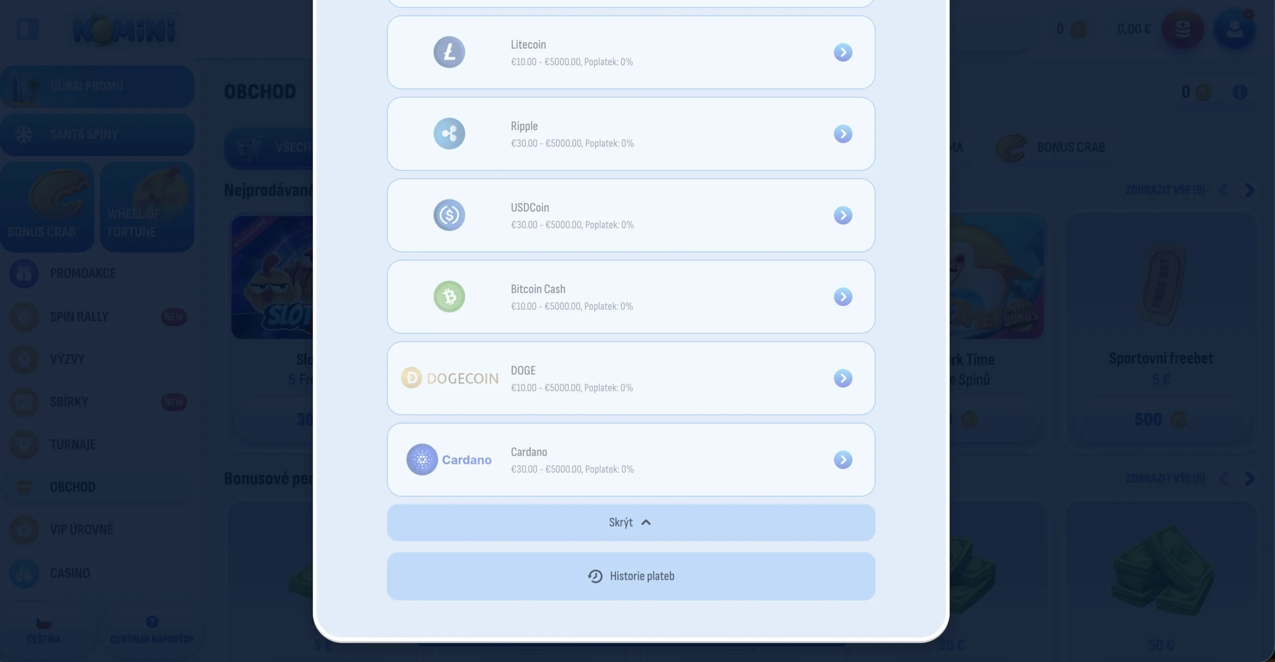 Výběr v Nomini přes Cardano