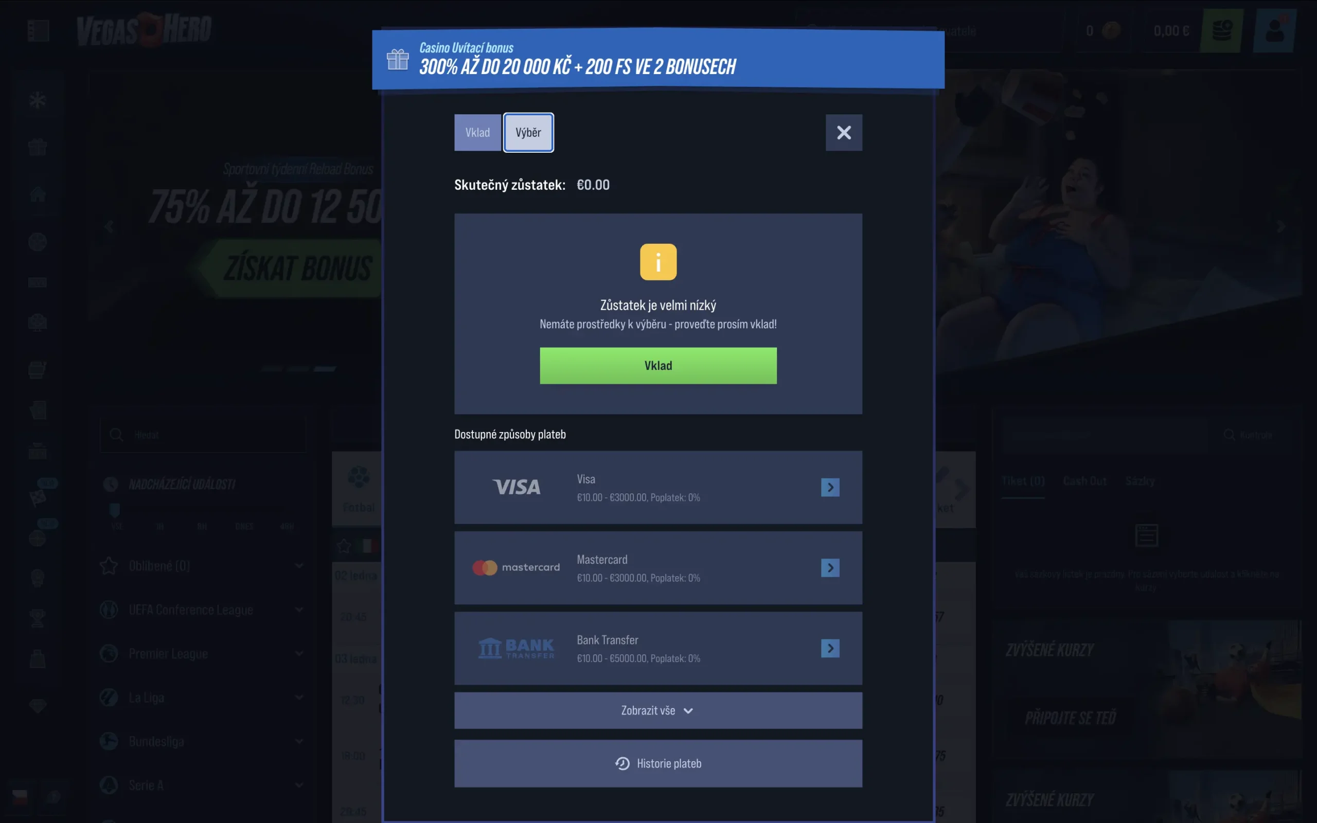 Výběr přes Visa v kasinu VegasHero