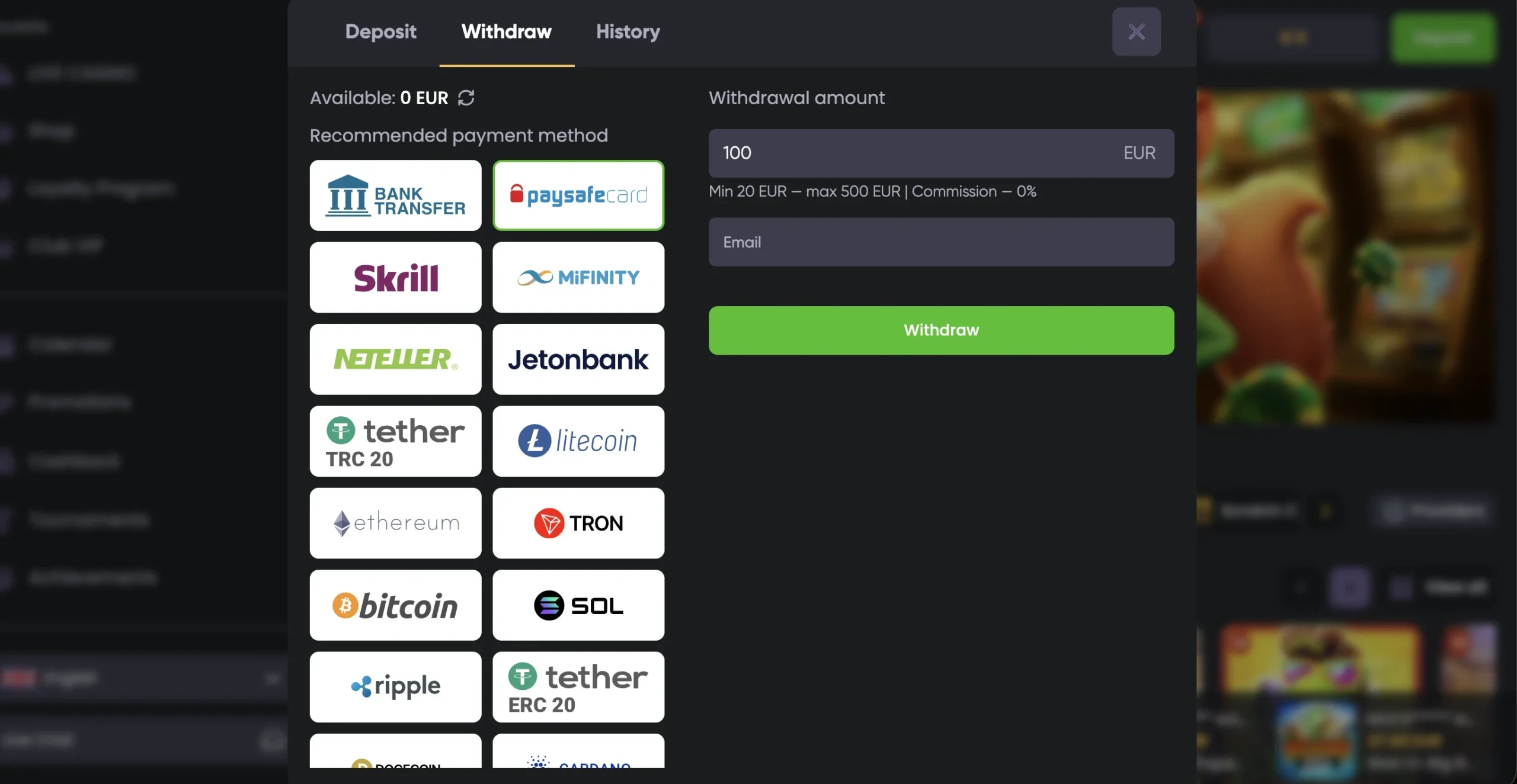 Výběr přes Paysafecard z kasina Spinline