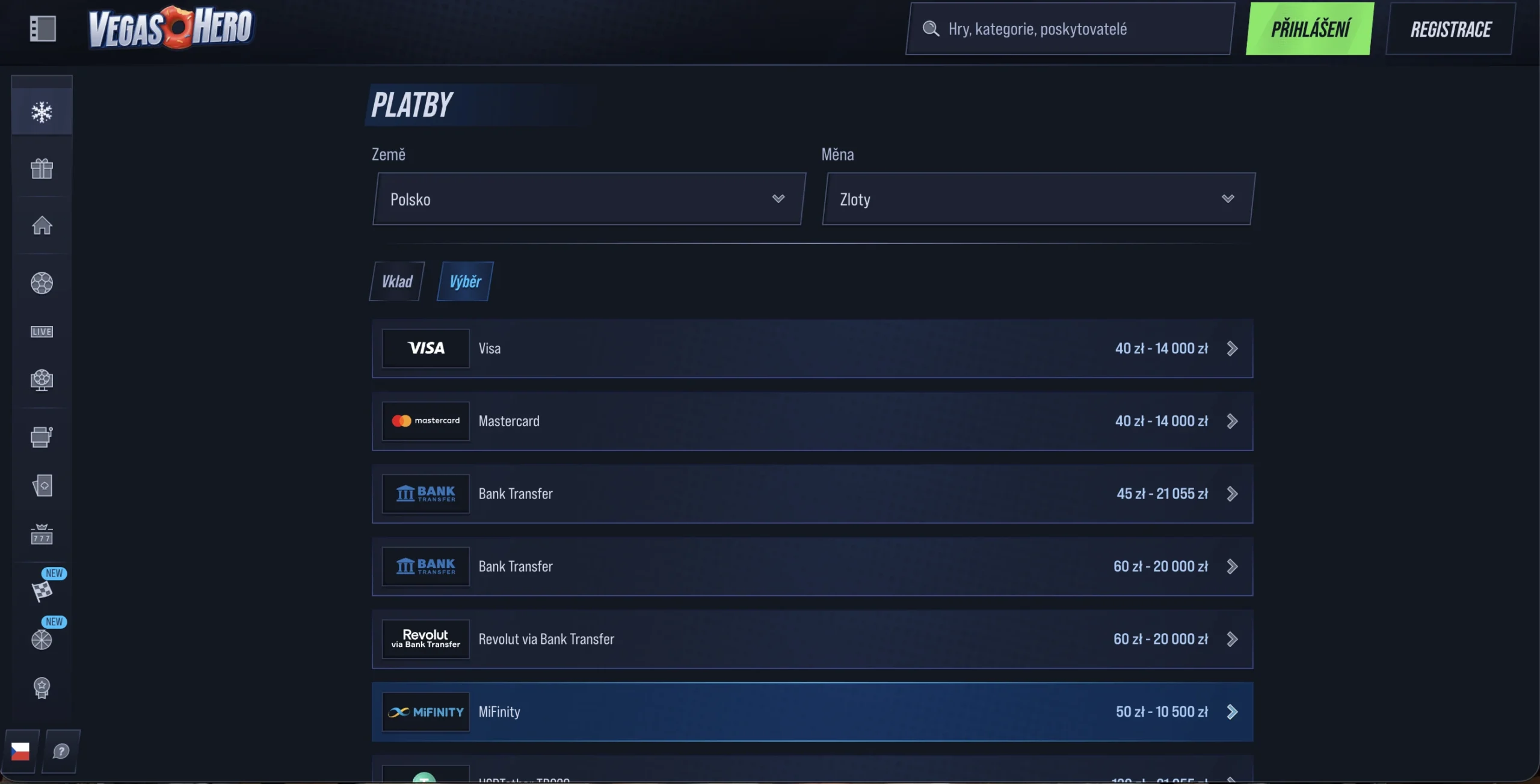 Výběr přes MiFinity v kasinu VegasHero