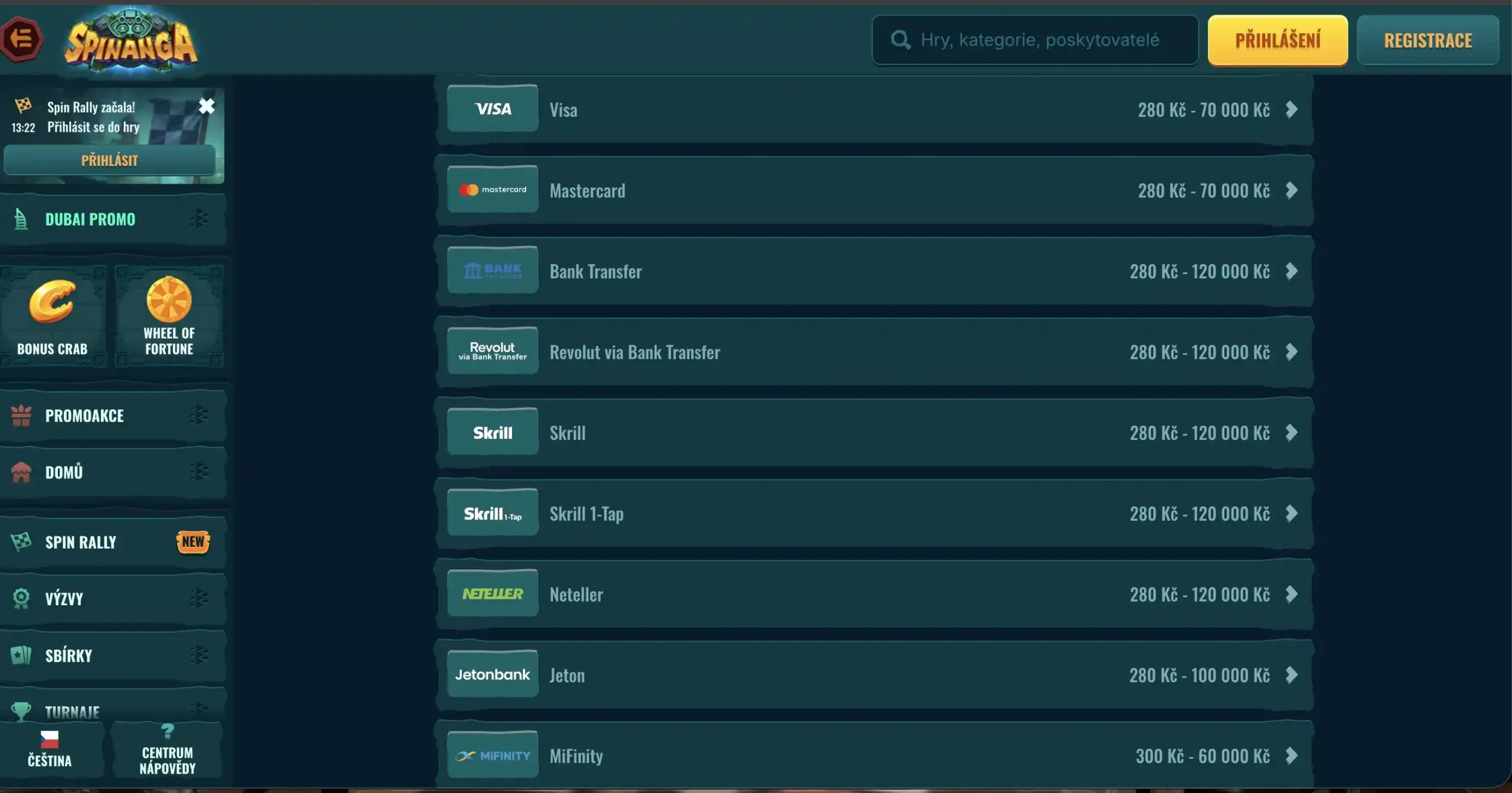 Spinanga výběr přes Jeton