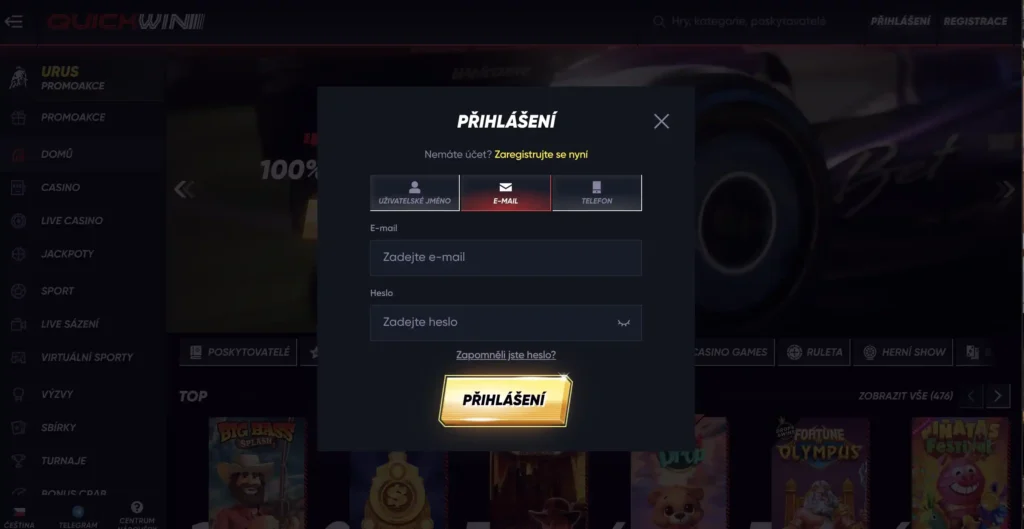 Přihlášení v kasinu Quickwin