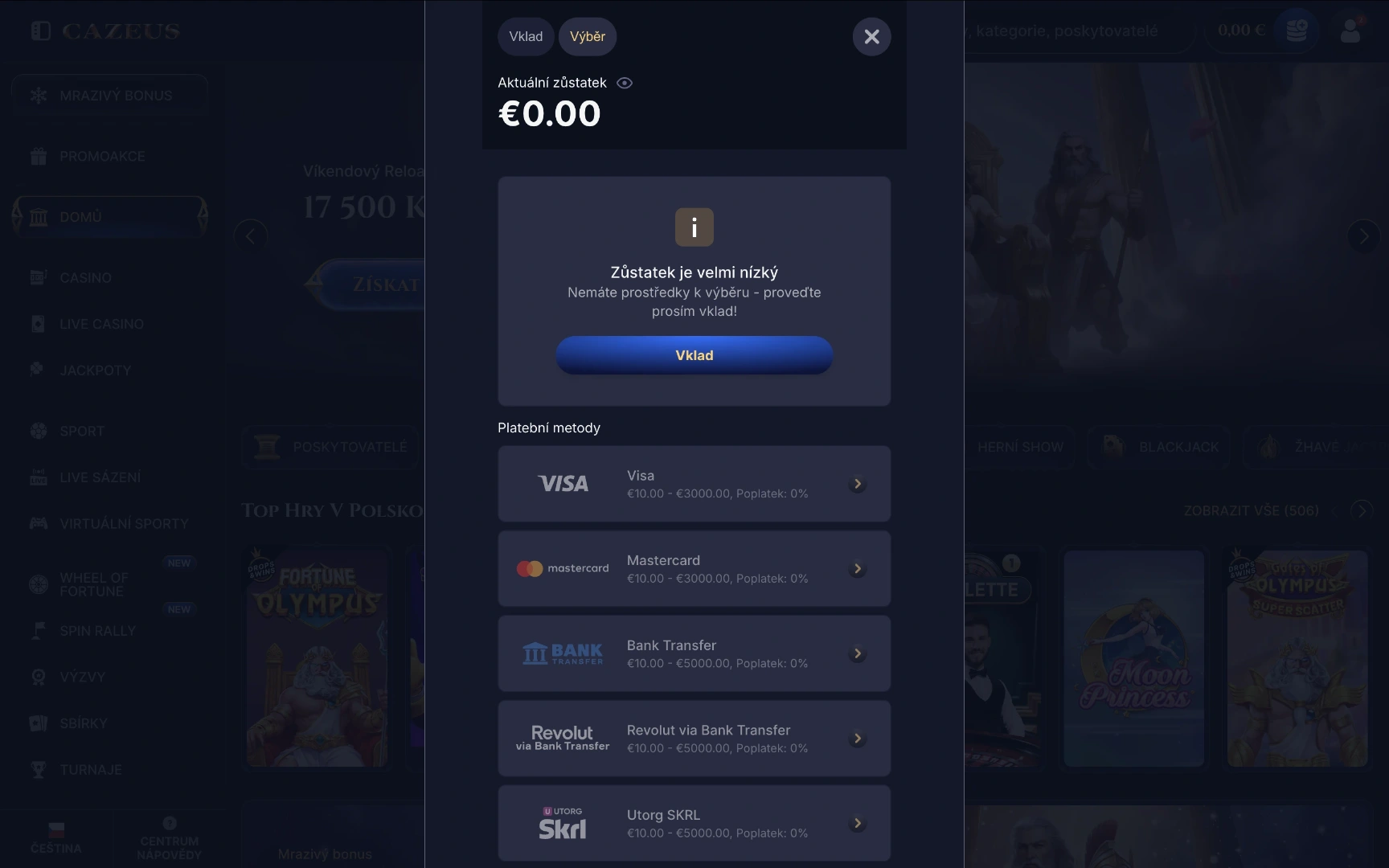 Výběr přes Skrill z kasina Cazeus