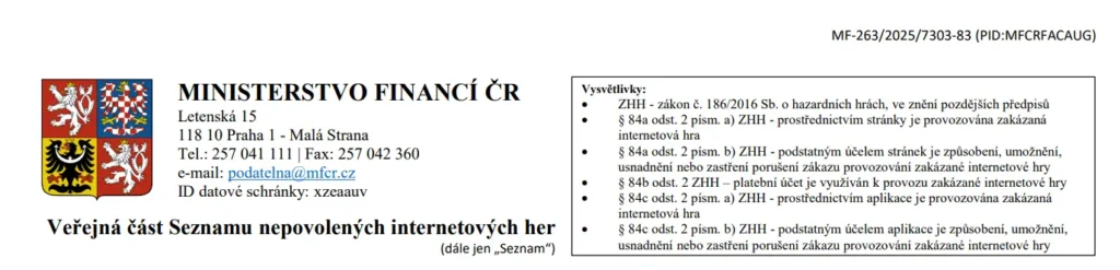 Seznam zakázaných her – Zákon o hazardních hrách