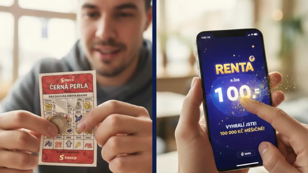 Porovnání tradičního papírového stíracího losu Černá perla a moderního online losu Renta na displeji chytrého telefonu.