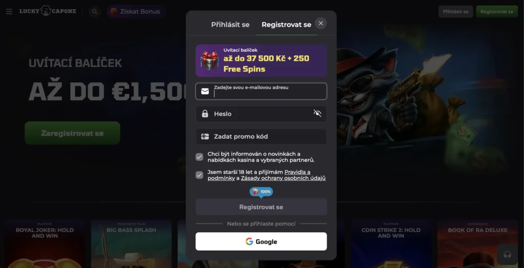 Registrace v kasinu Lucky Capone