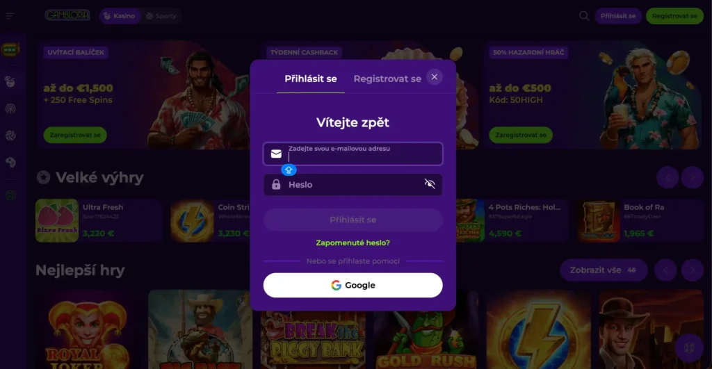 Přihlásení v kasinu gambloria