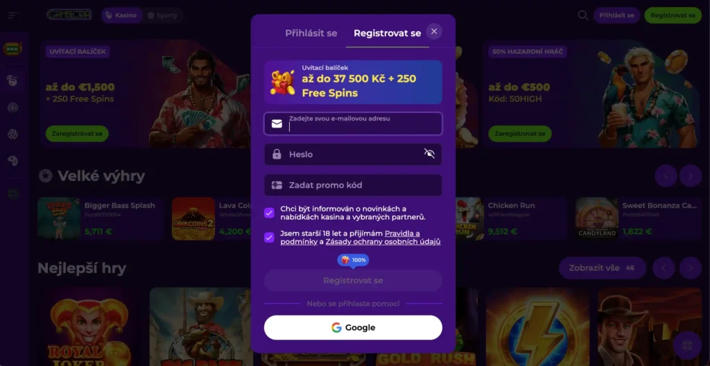 Registrace v Gambloria casino