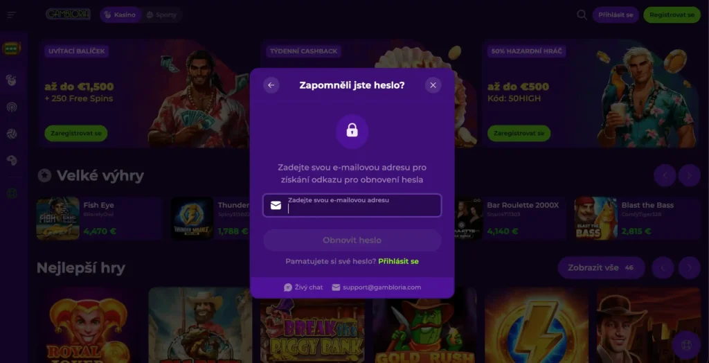 Gambloria Casino obnovení hesla