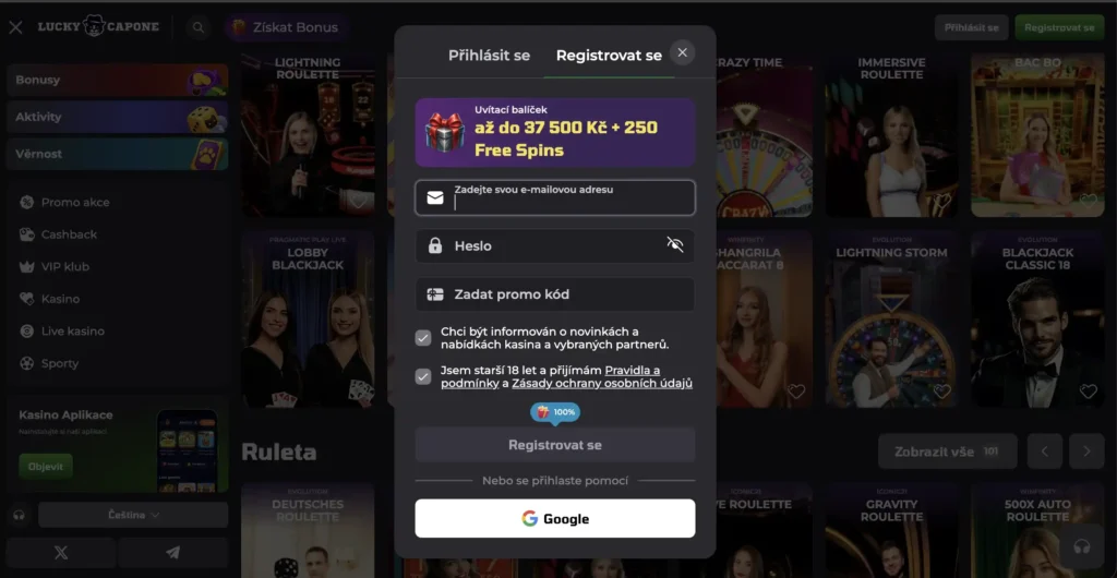 Registrace v kasinu LuckyCapone